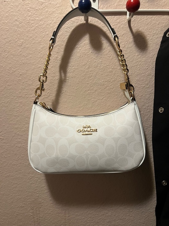 Coach Handbags - COACH White Signature Logo Shoulder Bag with Gold Hardware